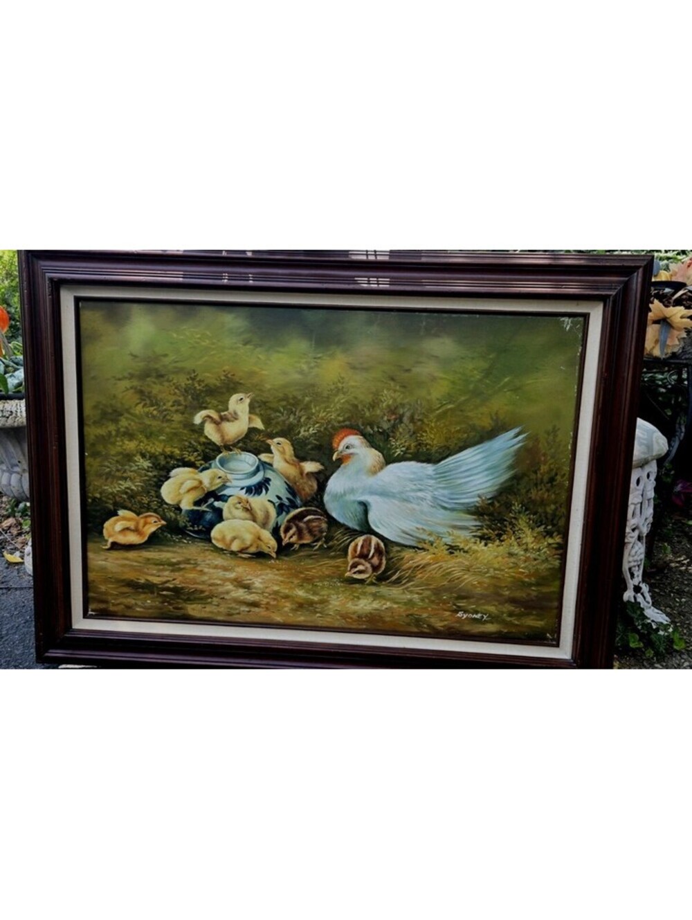 Lg 44x32 Wood Framed Oil on Canvas Chickens, Hens, Farm Decor Signed Sydney Read